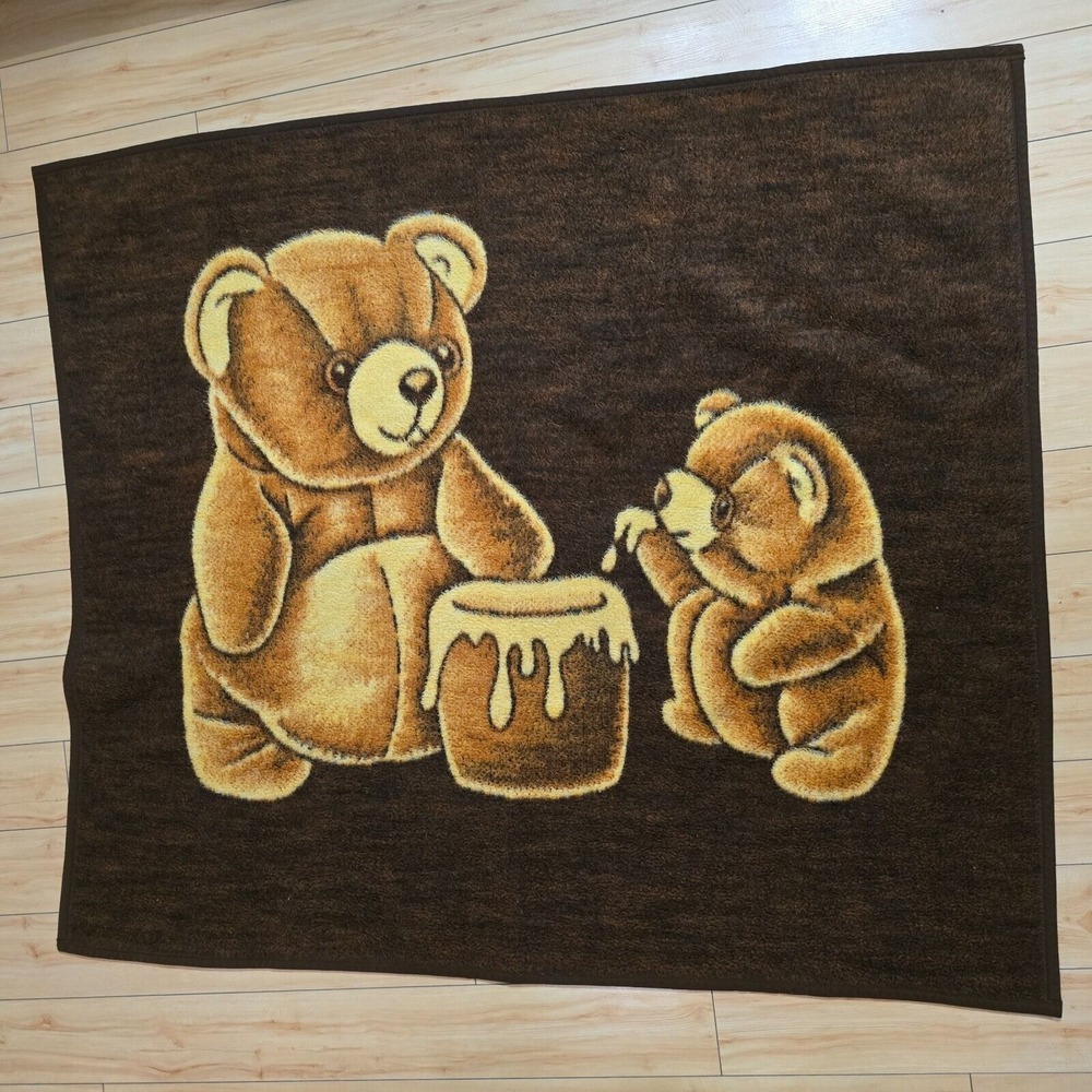Vintage Biederlack Reversible Blanket Teddy Bear with Honey Pot Throw USA